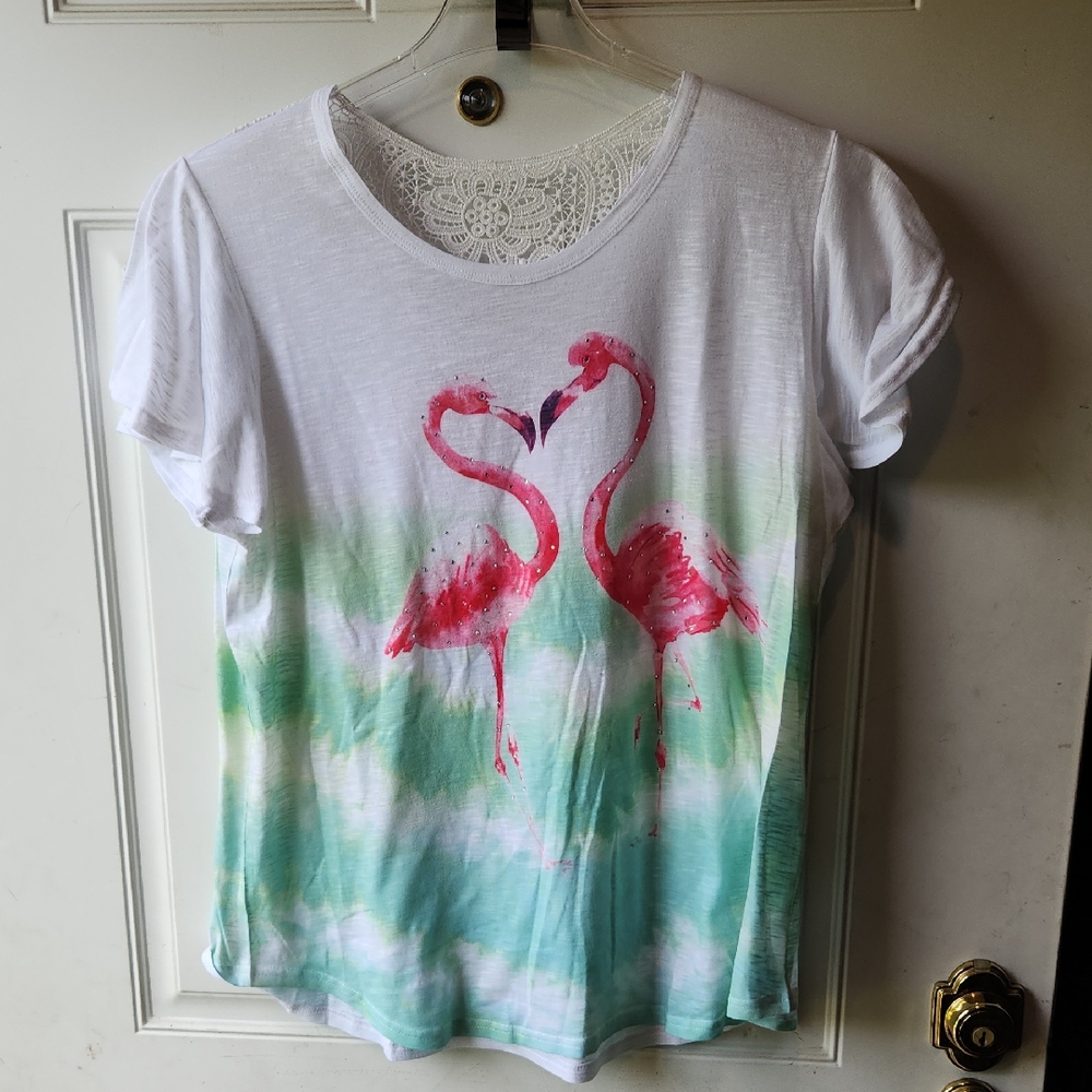 Time and Tru White and Green Flamingo Graphic Short Sleeve Tee Size XXL